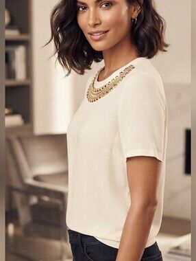 MICHAEL Michael Kors Cream Gold-Studded Statement Neck Top